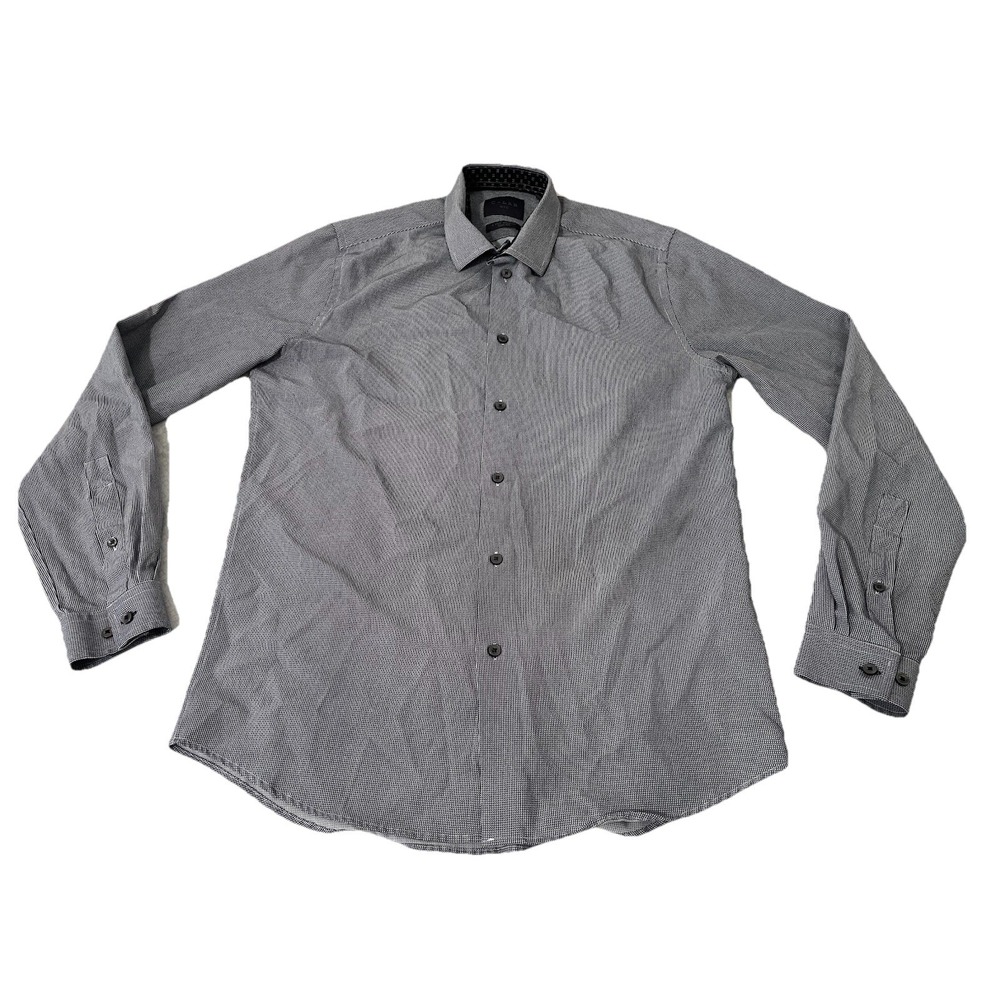C-LAB NYC Long Sleeve 4 Way Stretch Checked Button Up Shirt Large 16 34/35 Blue
